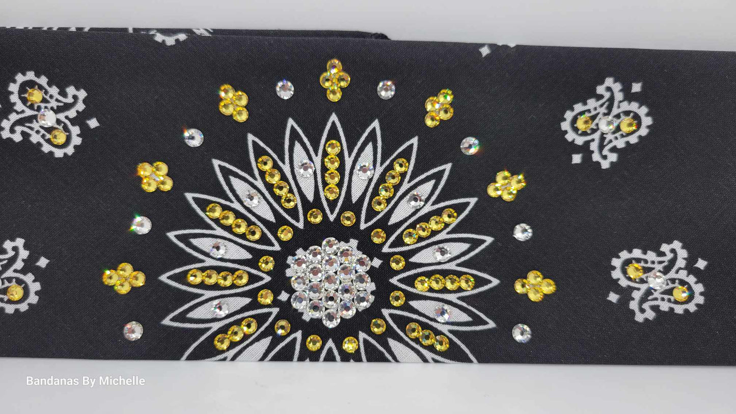 Black Paisley Bandana with Yellow and Diamond Clear Austrian Crystals (Sku6334)