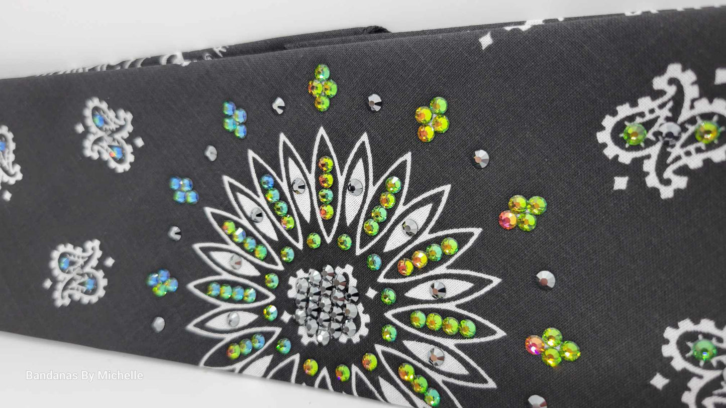 Black Paisley Bandana with Vitrail and Black Austrian Crystals (Sku6335)
