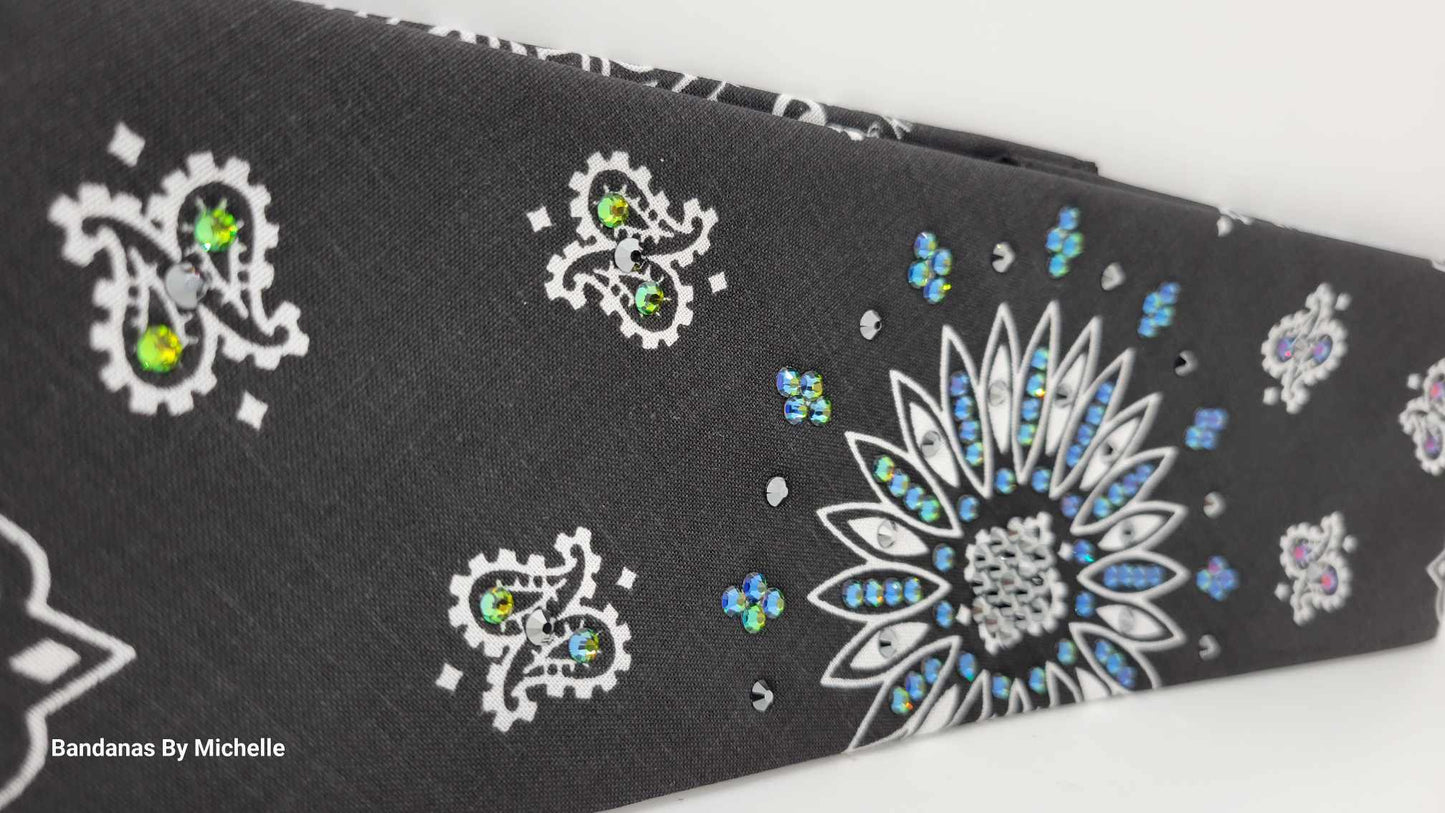 Black Paisley Bandana with Vitrail and Black Austrian Crystals (Sku6335)