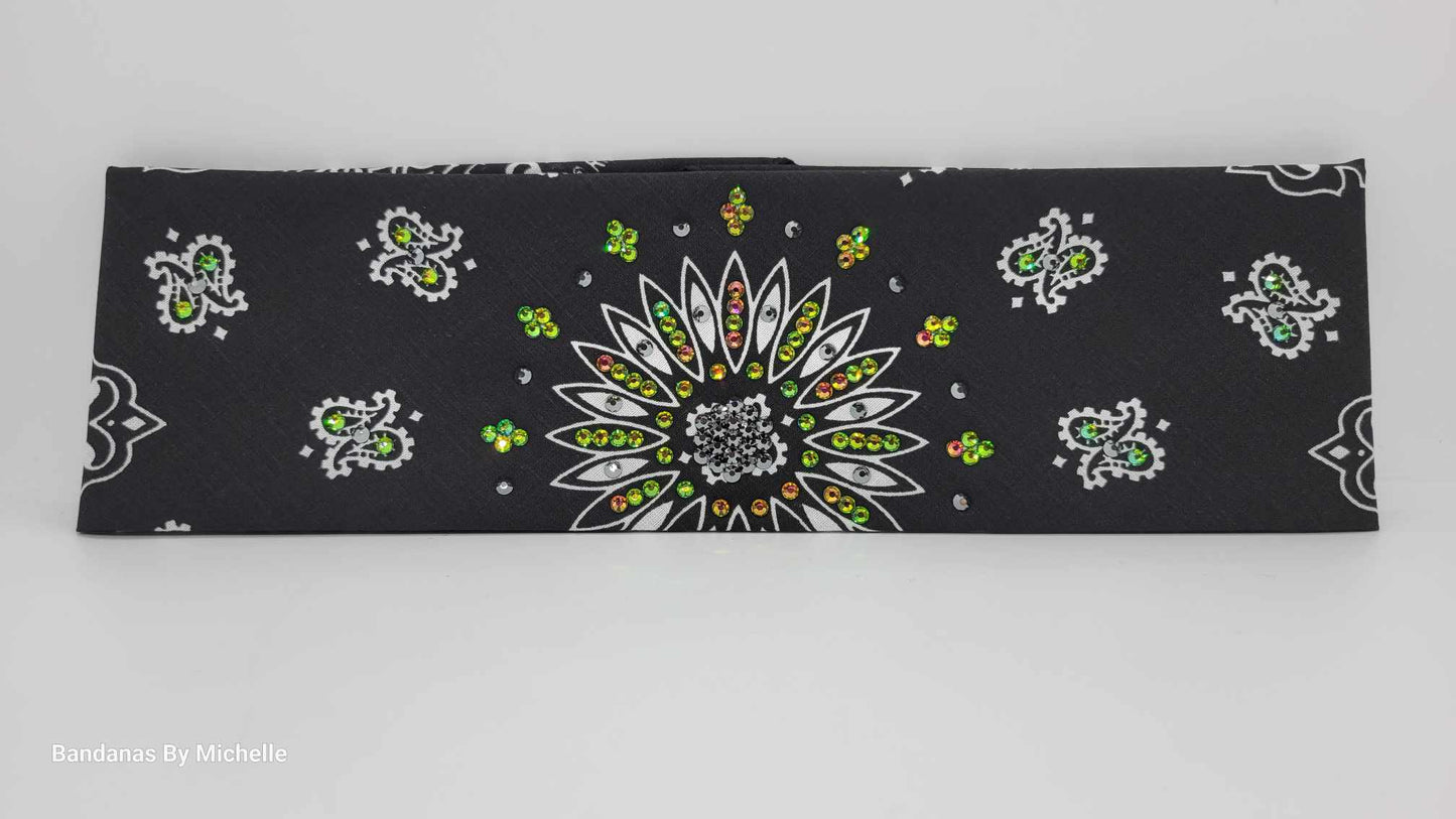 Black Paisley Bandana with Vitrail and Black Austrian Crystals (Sku6335)