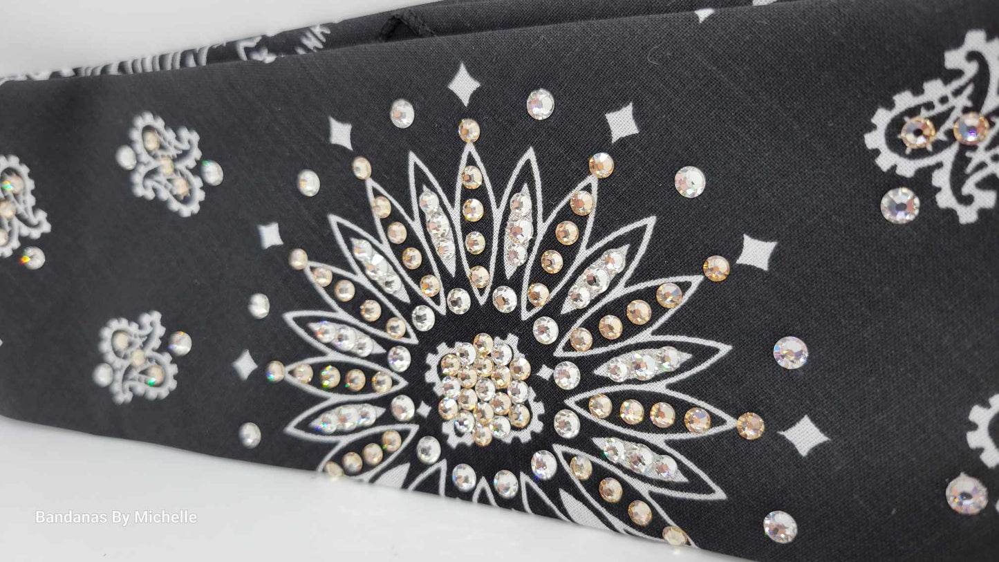Black Paisley Bandana with Honey and Diamond Clear Austrian Crystals (Sku6336)