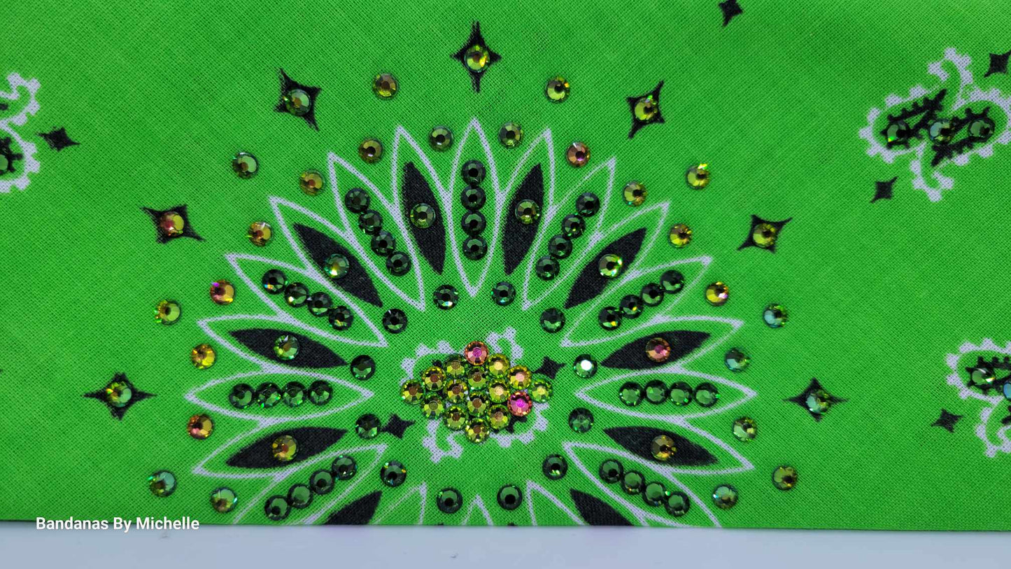 Lime Green Paisley Bandana with Vitrail and Dark Green Austrian Crystals (Sku6338)