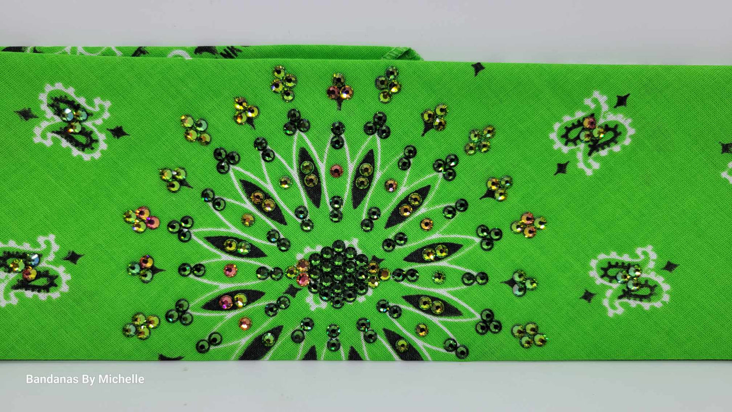 EXTRA BLING -Lime Green Paisley Bandana with Vitrail and Dark Green Austrian Crystals (Sku6339)