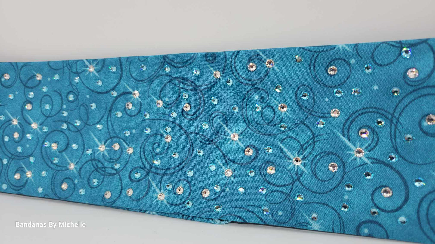 EXTRA BLING -Blue Blue Scrolls Bandana with Aqua and Diamond Clear Austrian Crystals (Sku6340)