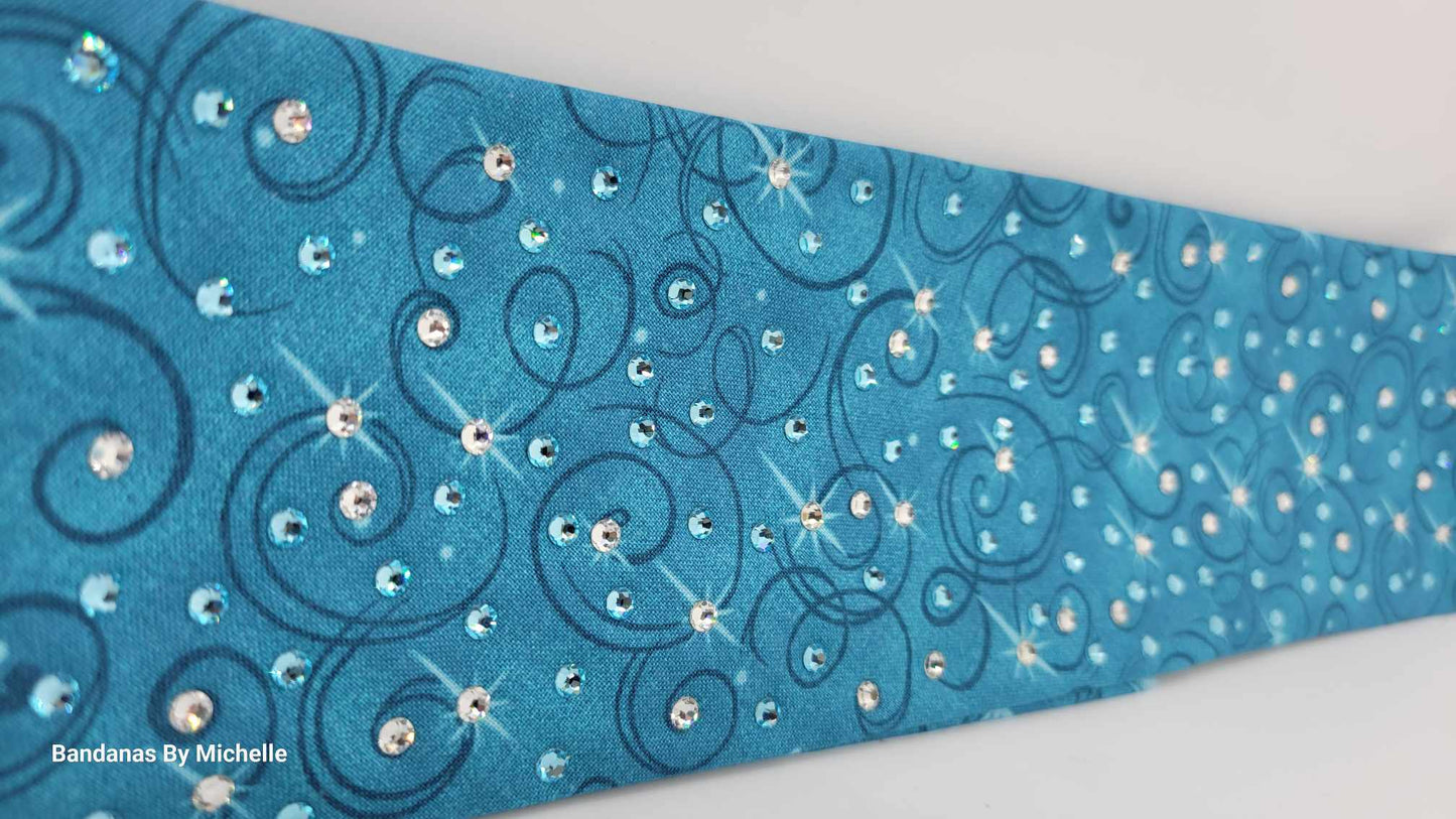 EXTRA BLING -Blue Blue Scrolls Bandana with Aqua and Diamond Clear Austrian Crystals (Sku6340)