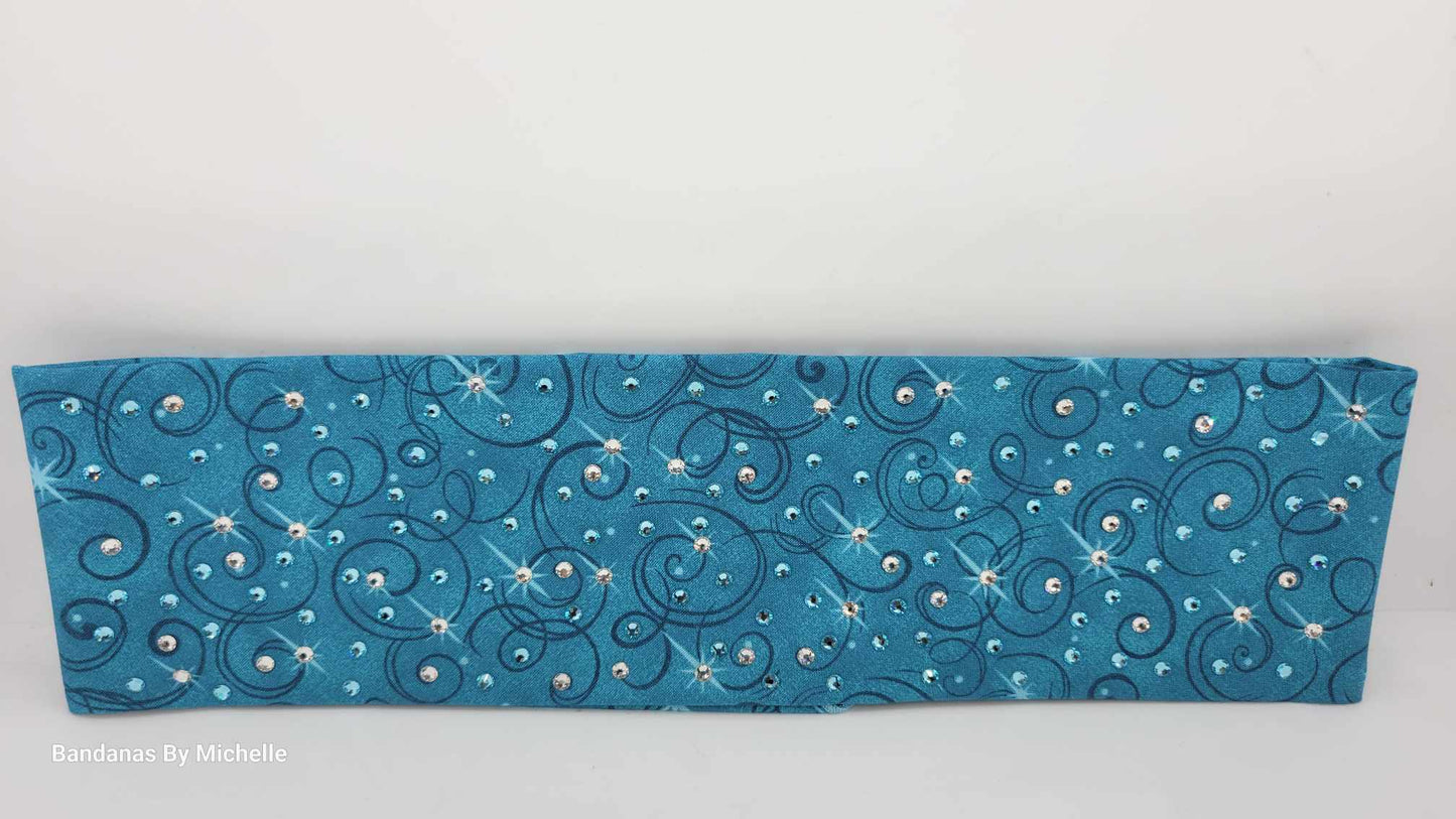 EXTRA BLING -Blue Blue Scrolls Bandana with Aqua and Diamond Clear Austrian Crystals (Sku6340)