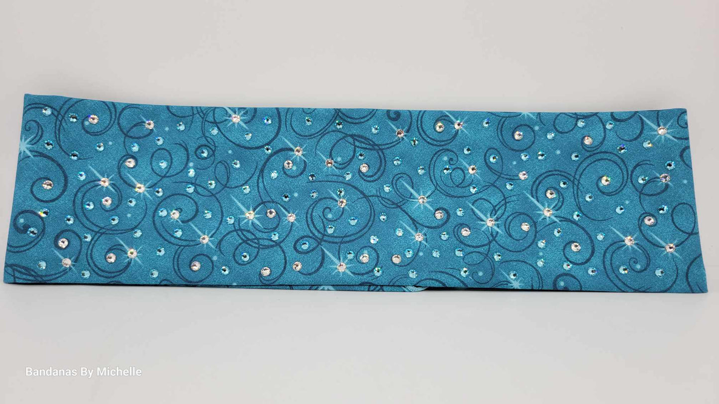 EXTRA BLING -Blue Blue Scrolls Bandana with Aqua and Diamond Clear Austrian Crystals (Sku6340)
