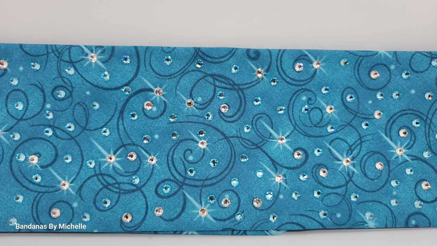 EXTRA BLING -Blue Blue Scrolls Bandana with Aqua and Diamond Clear Austrian Crystals (Sku6340)