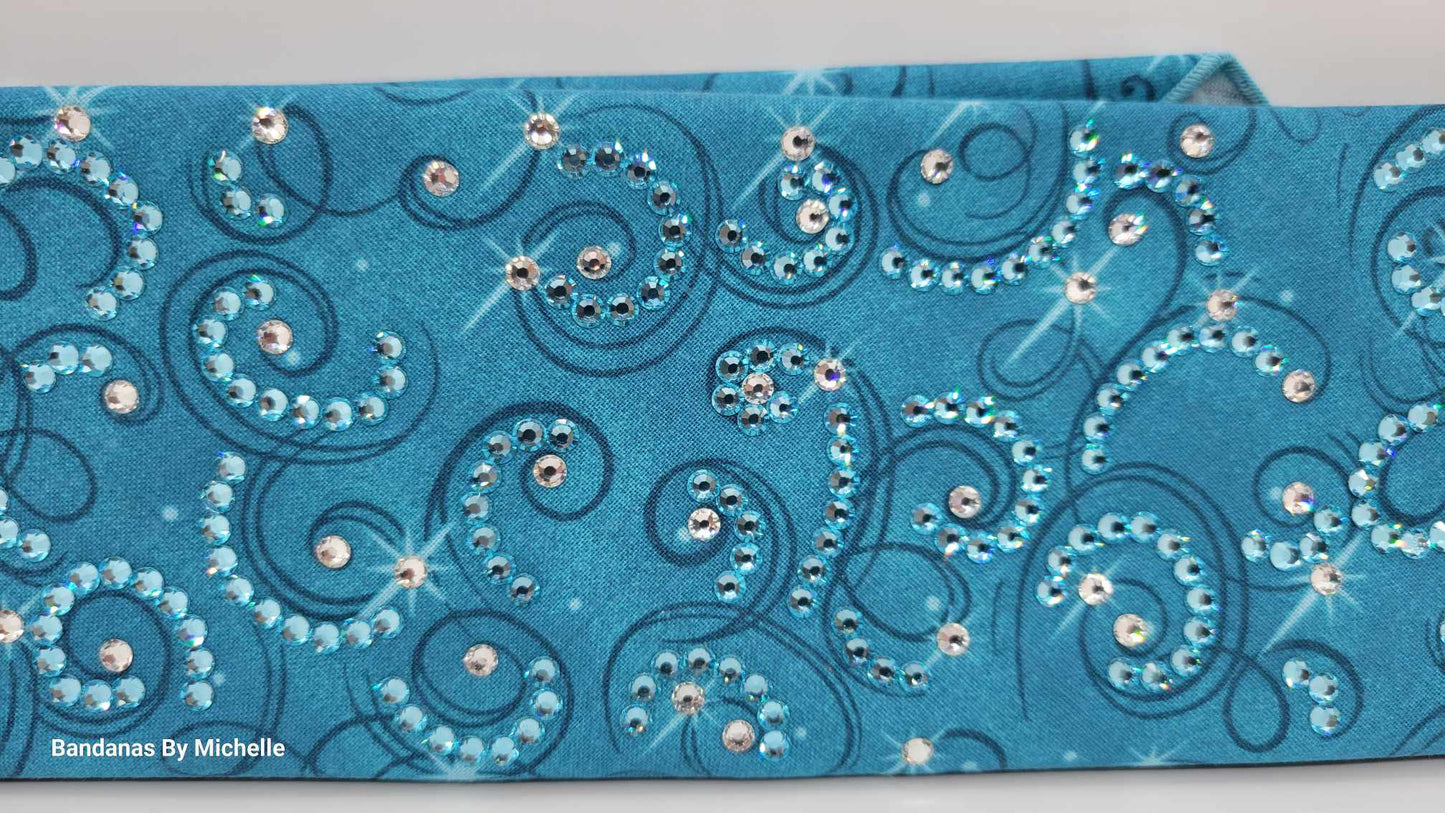 LeeAnnette Blue Scrolls Bandana with Aqua and Diamond Clear Austrian Crystals (Sku4490)