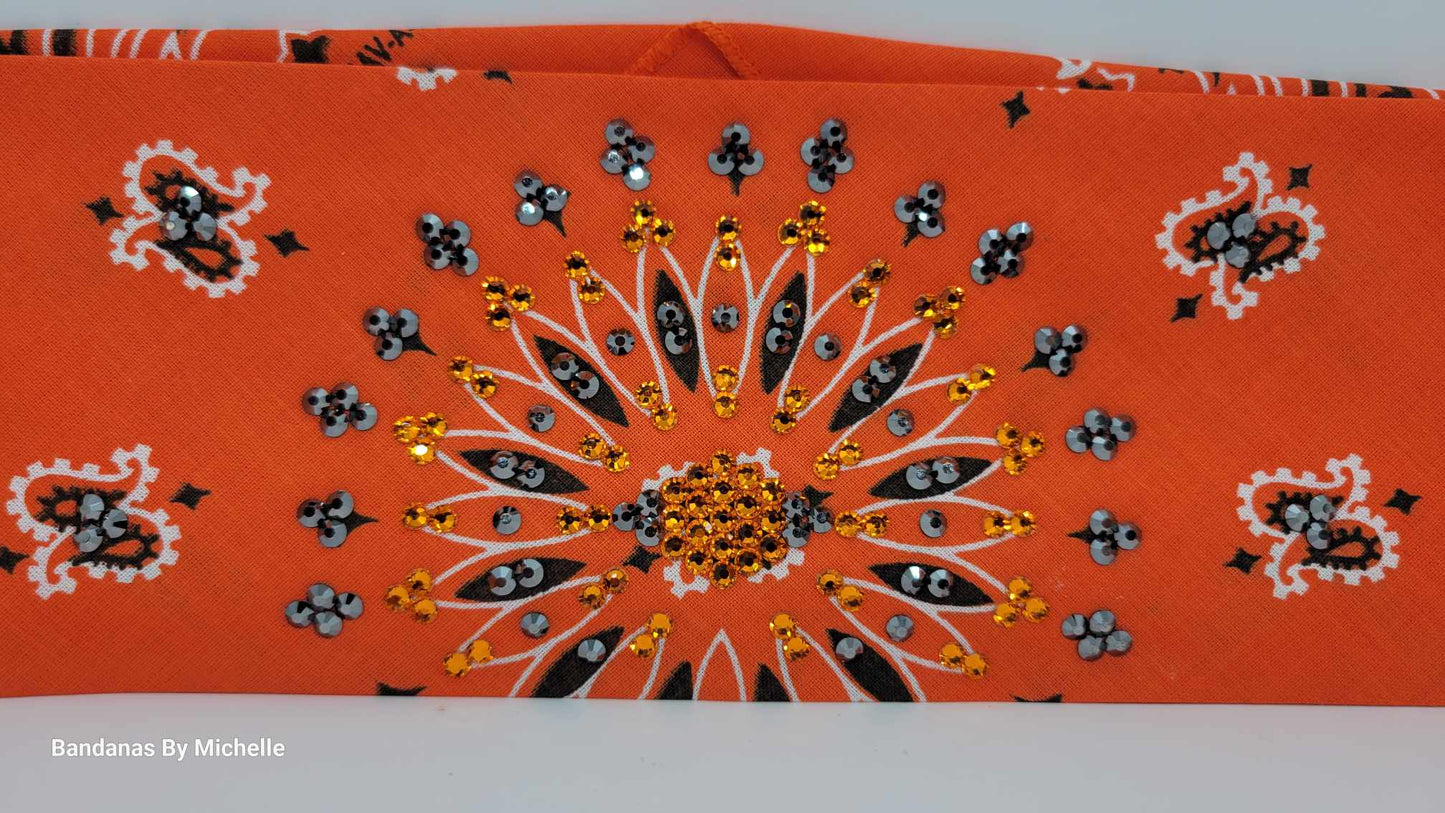 EXTRA BLING -Orange Paisley Bandana with Orange and Black Austrian Crystals (Sku6341)