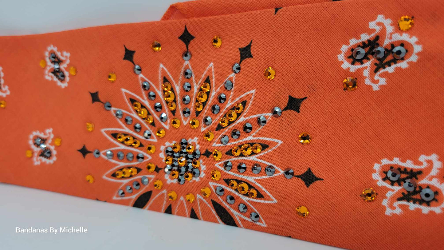 Orange Paisley Bandana with Orange and Black Austrian Crystals (Sku6342)