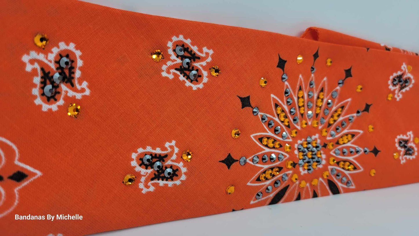 Orange Paisley Bandana with Orange and Black Austrian Crystals (Sku6342)