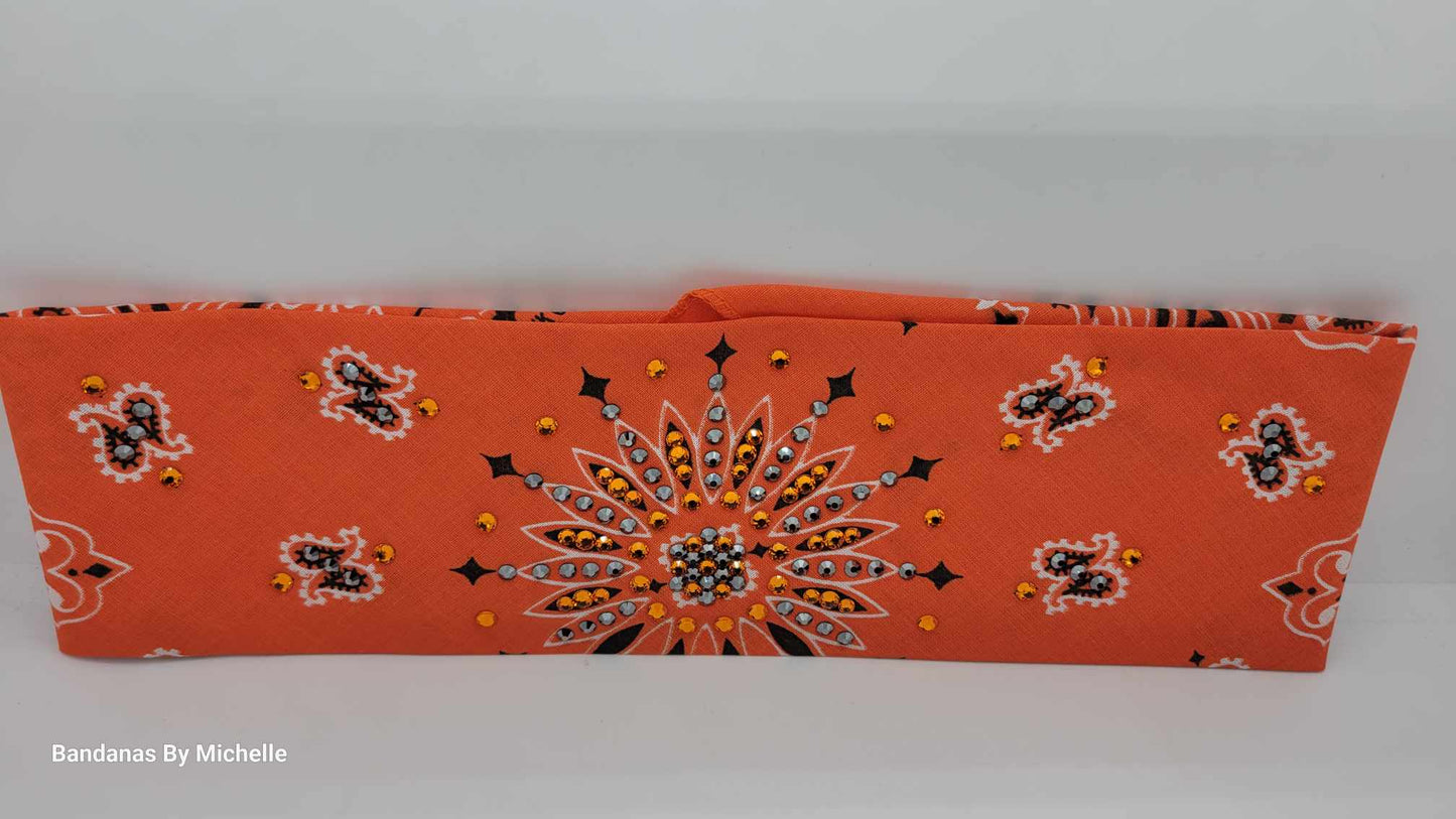 Orange Paisley Bandana with Orange and Black Austrian Crystals (Sku6342)