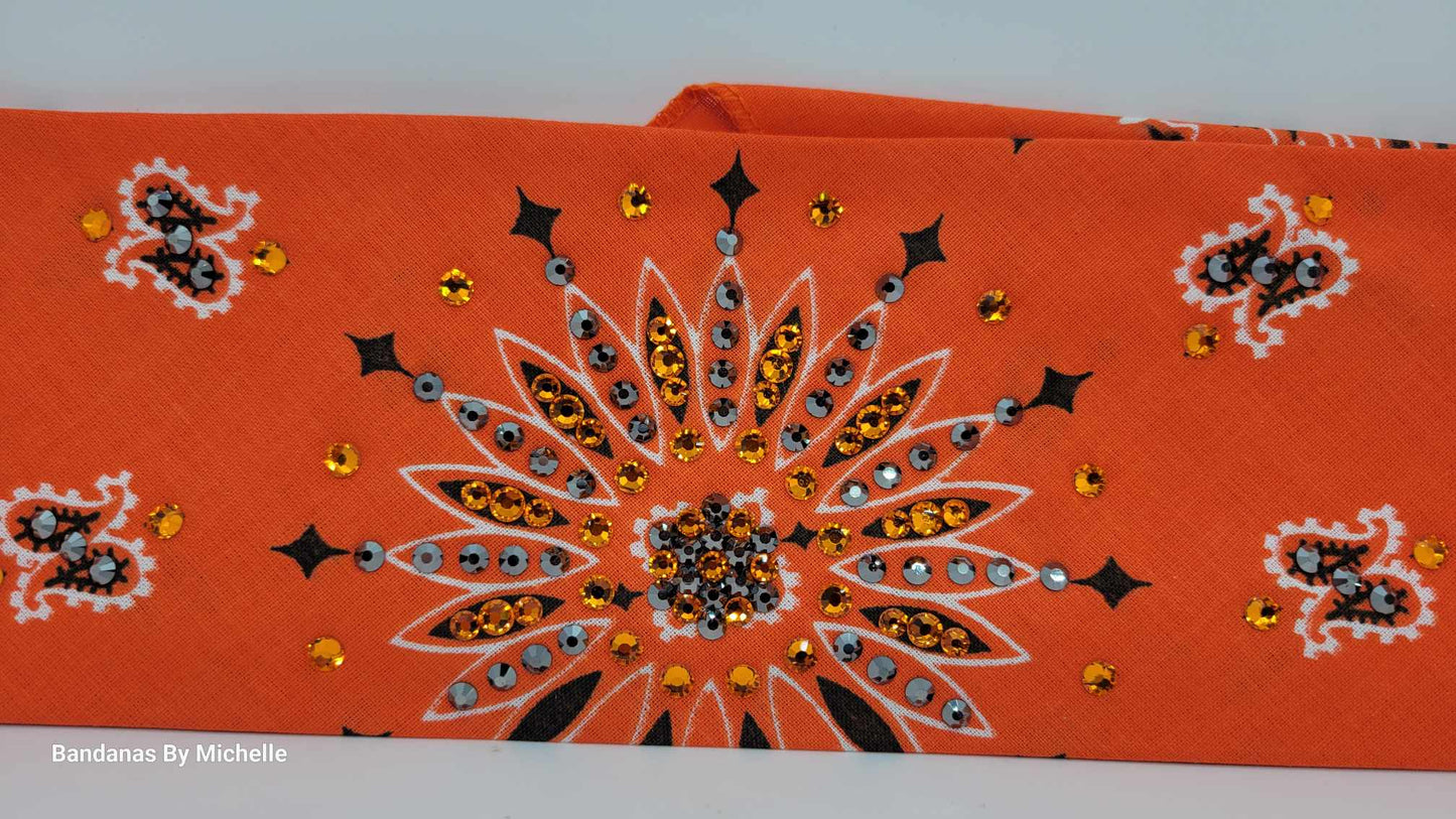Orange Paisley Bandana with Orange and Black Austrian Crystals (Sku6342)
