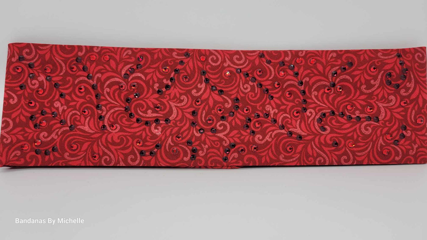 EXTRA BLING -Red Swirl Bandana with Light and Dark Red Austrian Crystals (Sku6343)