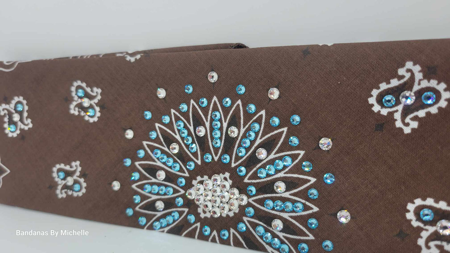 Brown Paisley Bandana with Aqua and Diamond Clear Austrian Crystals (Sku6344)