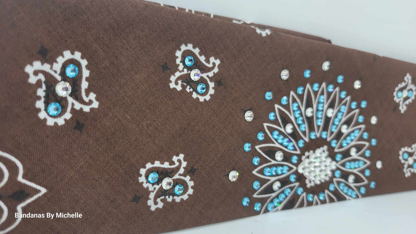 Brown Paisley Bandana with Aqua and Diamond Clear Austrian Crystals (Sku6344)