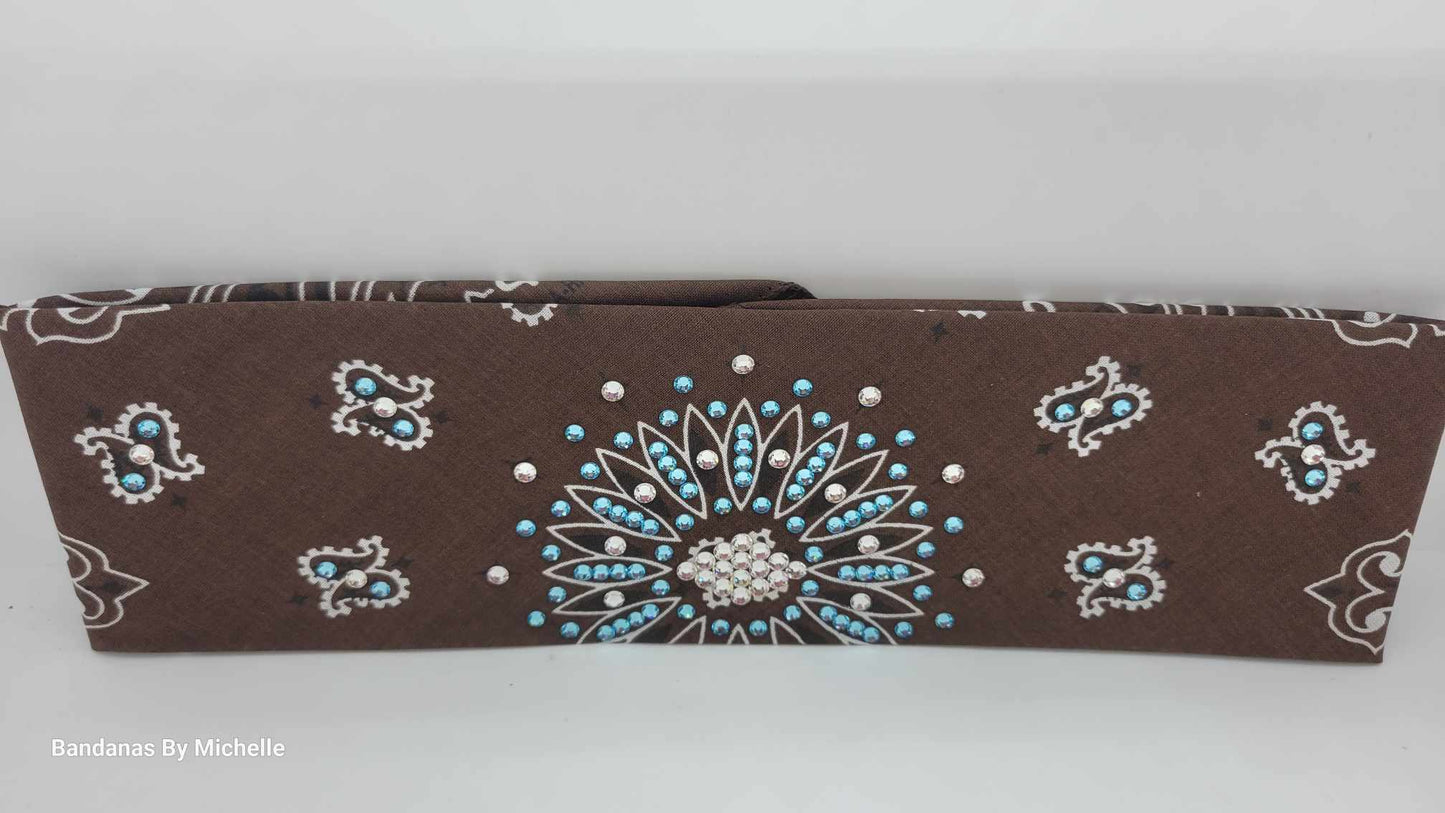 Brown Paisley Bandana with Aqua and Diamond Clear Austrian Crystals (Sku6344)