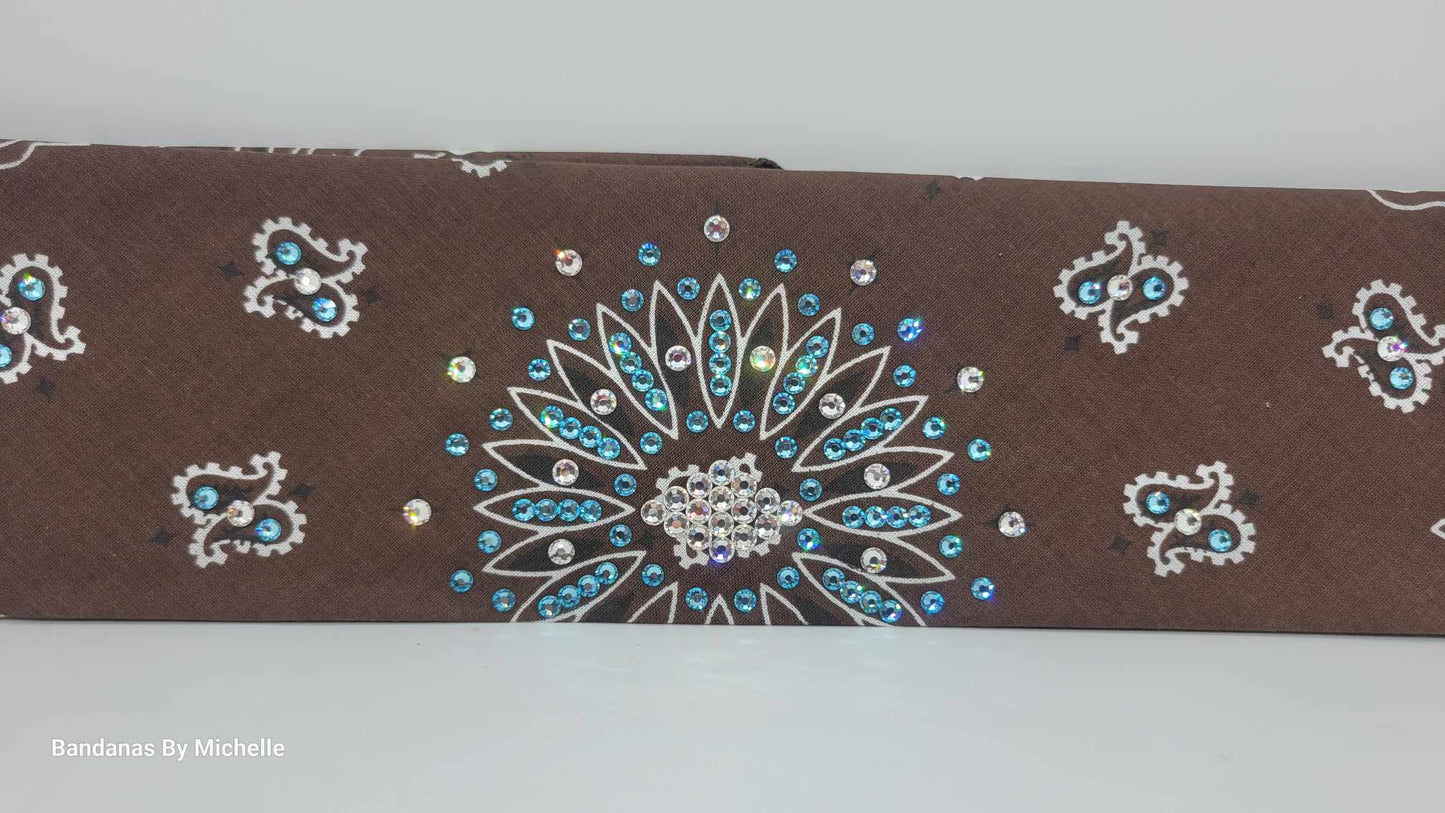Brown Paisley Bandana with Aqua and Diamond Clear Austrian Crystals (Sku6344)