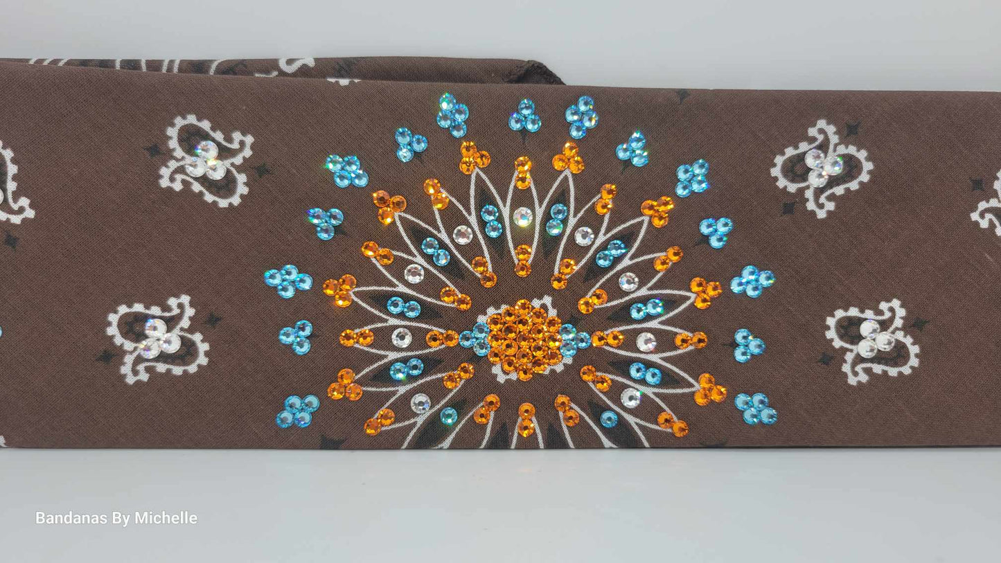 EXTRA BLING -Brown Paisley Bandana with Aqua, Sun and Diamond Clear Austrian Crystals (Sku6345)