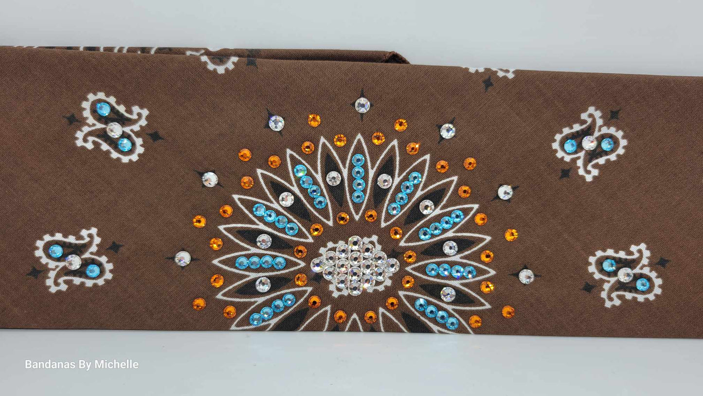 Brown Paisley Bandana with Aqua, Orange and Diamond Clear Austrian Crystals (Sku6347)