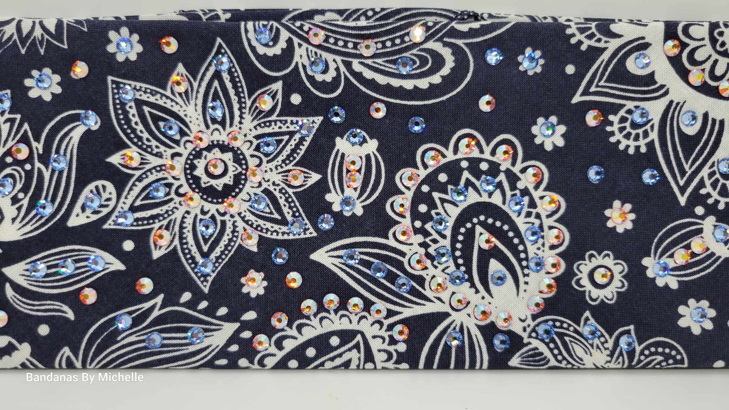 EXTRA BLING - Blue and White Flowers Bandana with Light Blue and Orange Shimmer Austrian Crystals (Sku6350)