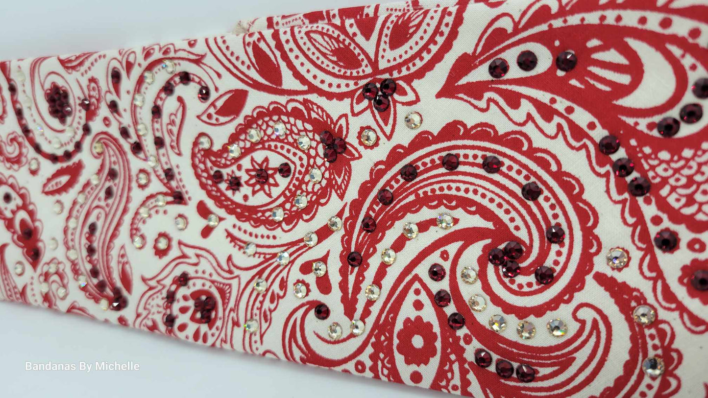 EXTRA BLING - Fancy Red and Cream Paisley Bandana with Red and Honey Austrian Crystals (Sku6351)