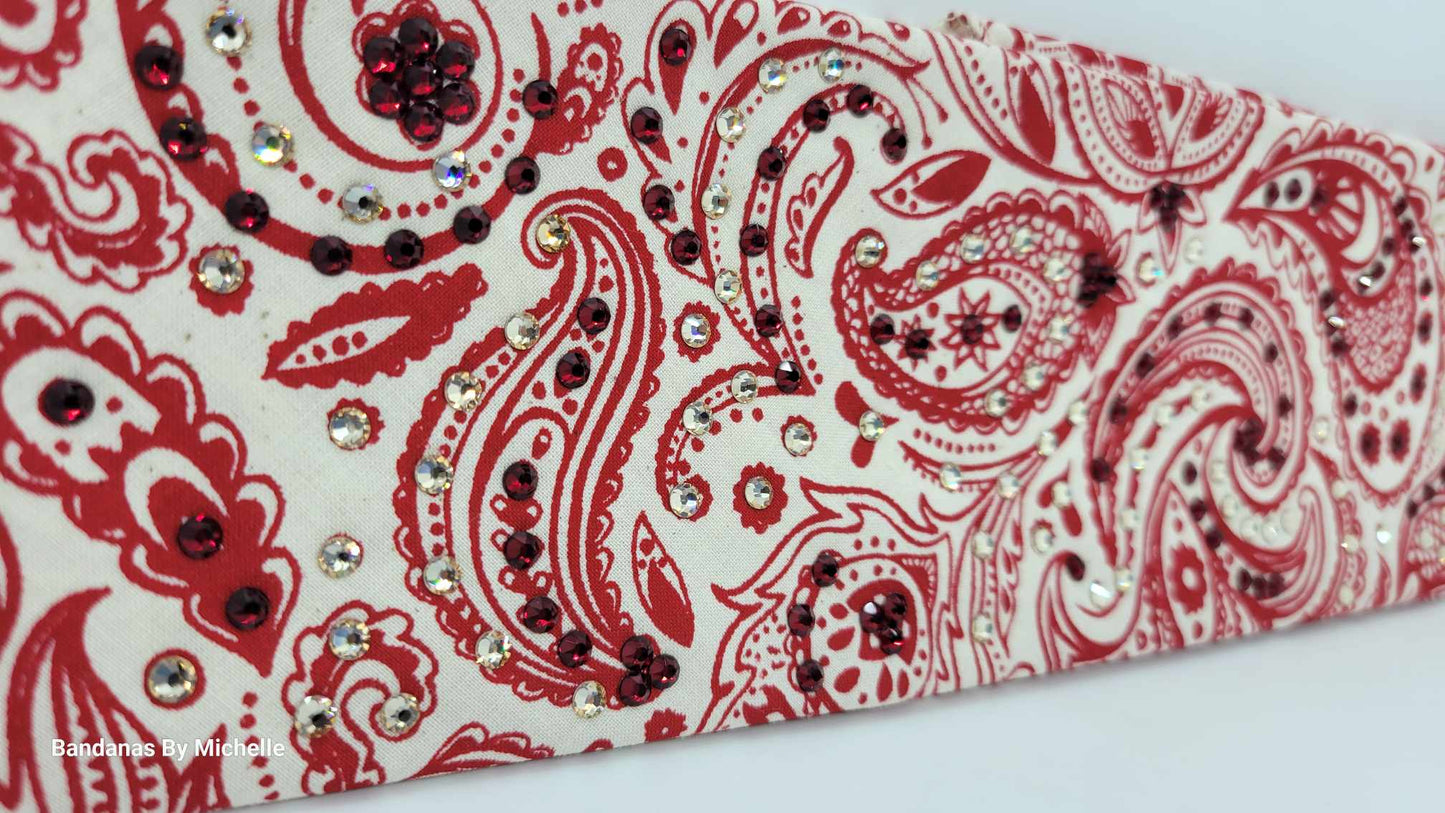 EXTRA BLING - Fancy Red and Cream Paisley Bandana with Red and Honey Austrian Crystals (Sku6351)