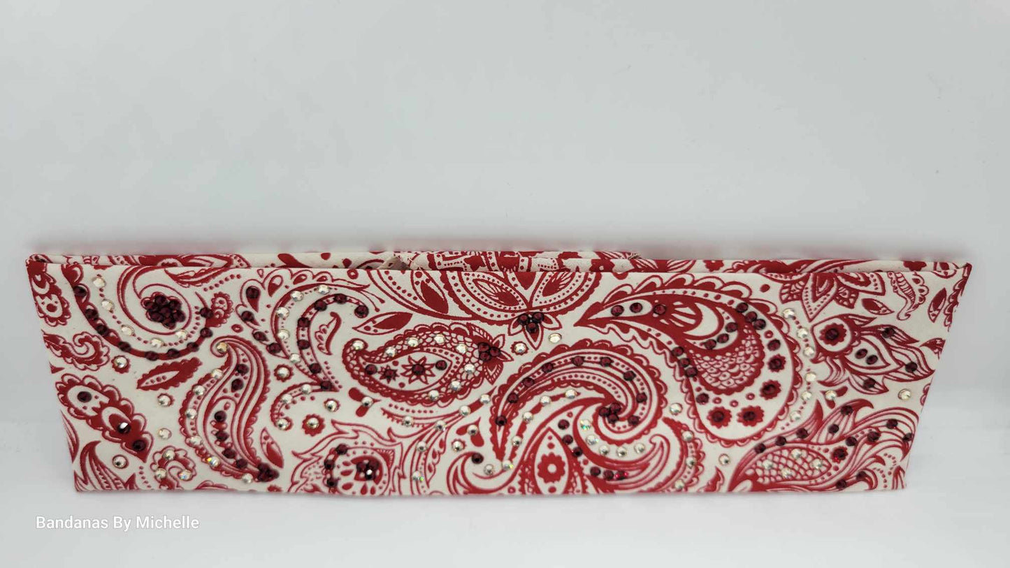 EXTRA BLING - Fancy Red and Cream Paisley Bandana with Red and Honey Austrian Crystals (Sku6351)