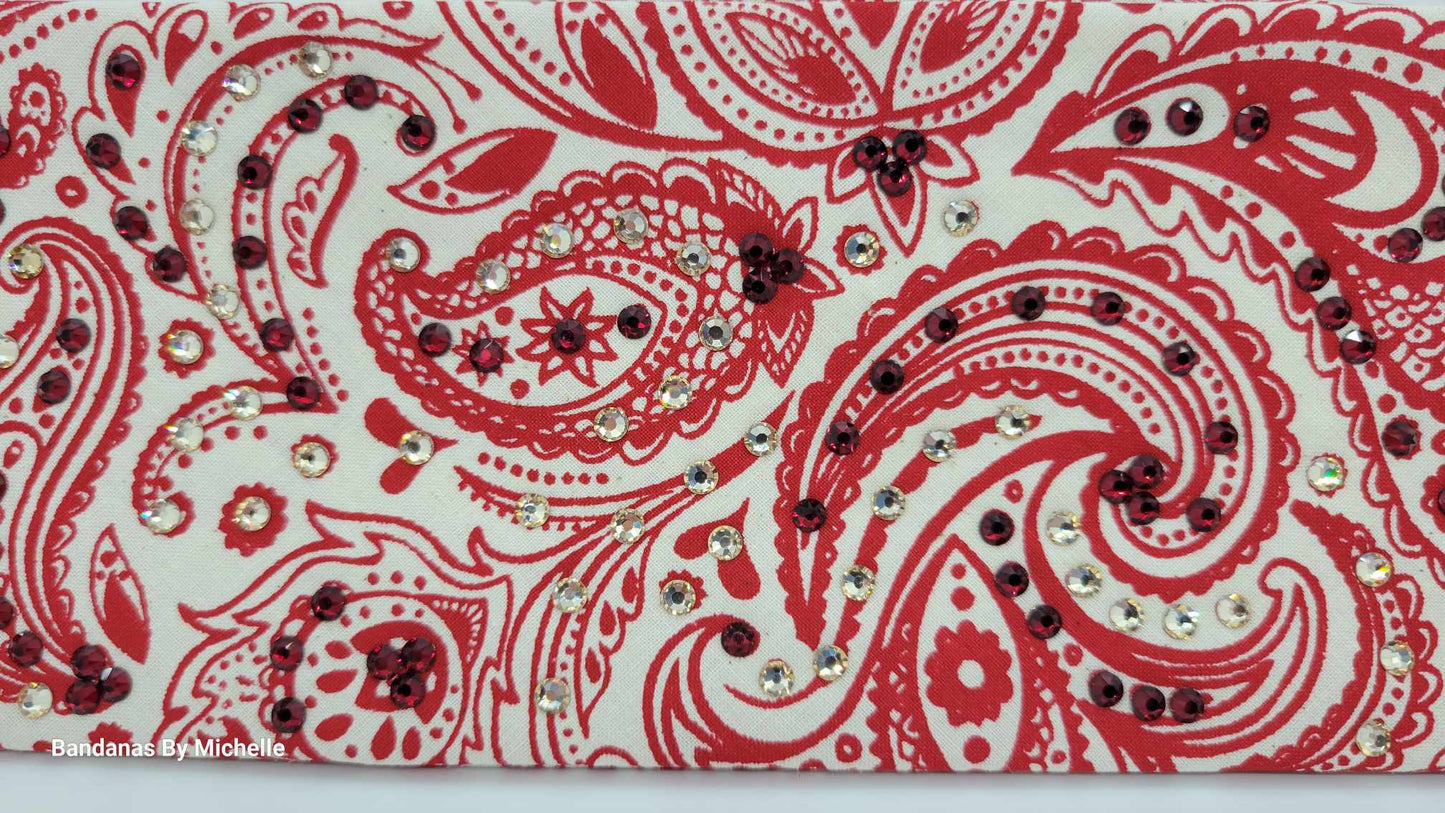 EXTRA BLING - Fancy Red and Cream Paisley Bandana with Red and Honey Austrian Crystals (Sku6351)
