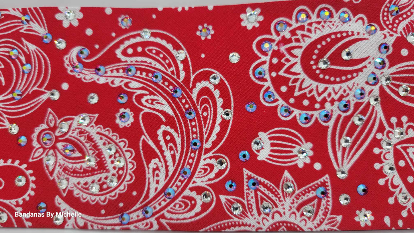 EXTRA BLING - Fancy Red and Cream Paisley Bandana with Siam Shimmer and Diamond Clear Austrian Crystals (Sku6352)