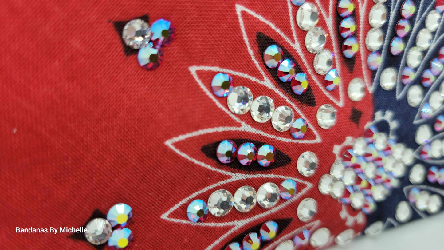 EXTRA BLING Bandana -Red and Blue Paisley Bandana with Siam Shimmer and Diamond Clear Austrian Crystals (Sku6353)