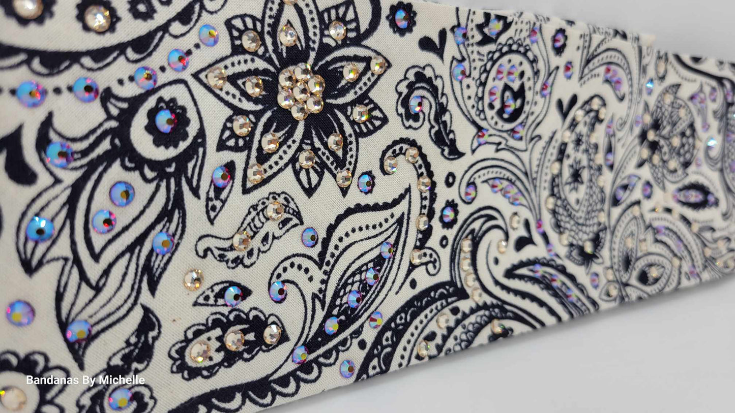 EXTRA BLING Bandana -Cream and Blue Fancy Paisley Bandana with Red Shimmer and Honey Austrian Crystals (Sku6354)