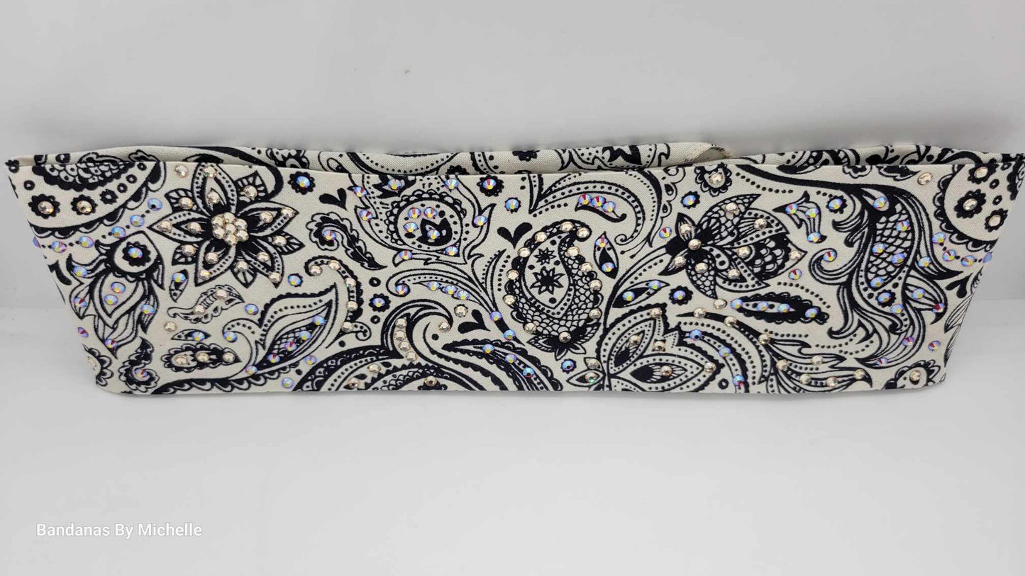 EXTRA BLING Bandana -Cream and Blue Fancy Paisley Bandana with Red Shimmer and Honey Austrian Crystals (Sku6354)
