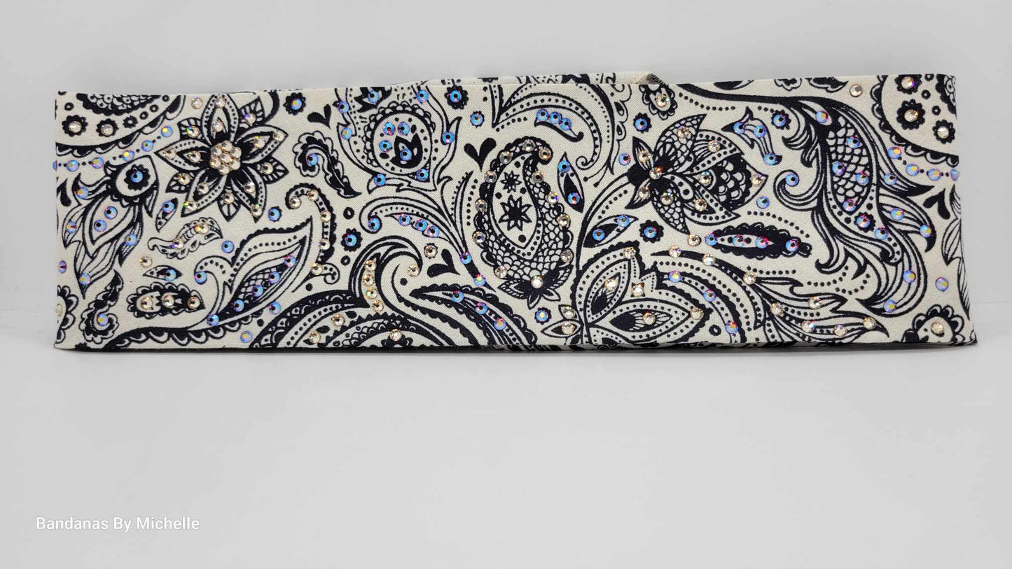 EXTRA BLING Bandana -Cream and Blue Fancy Paisley Bandana with Red Shimmer and Honey Austrian Crystals (Sku6354)