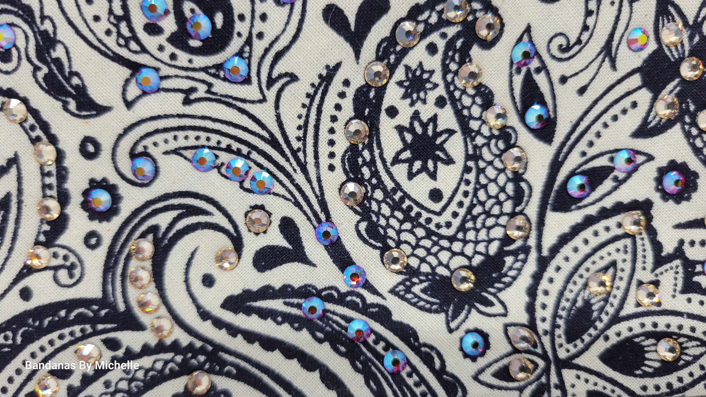 EXTRA BLING Bandana -Cream and Blue Fancy Paisley Bandana with Red Shimmer and Honey Austrian Crystals (Sku6354)