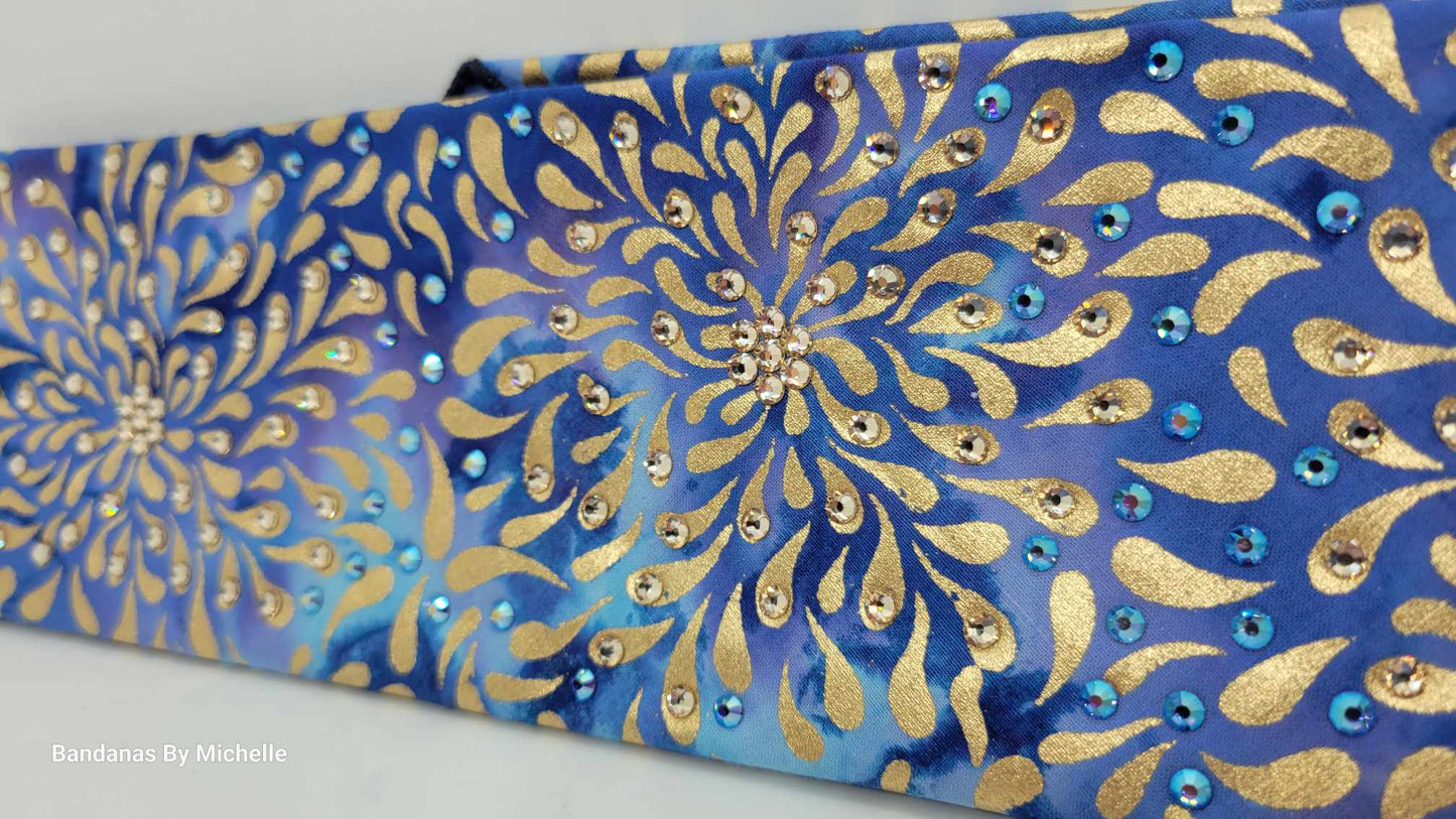 EXTRA BLING - Gold Flowers on Blue Bandana with Honey and Blue Shimmer Austrian Crystals (Sku6356)