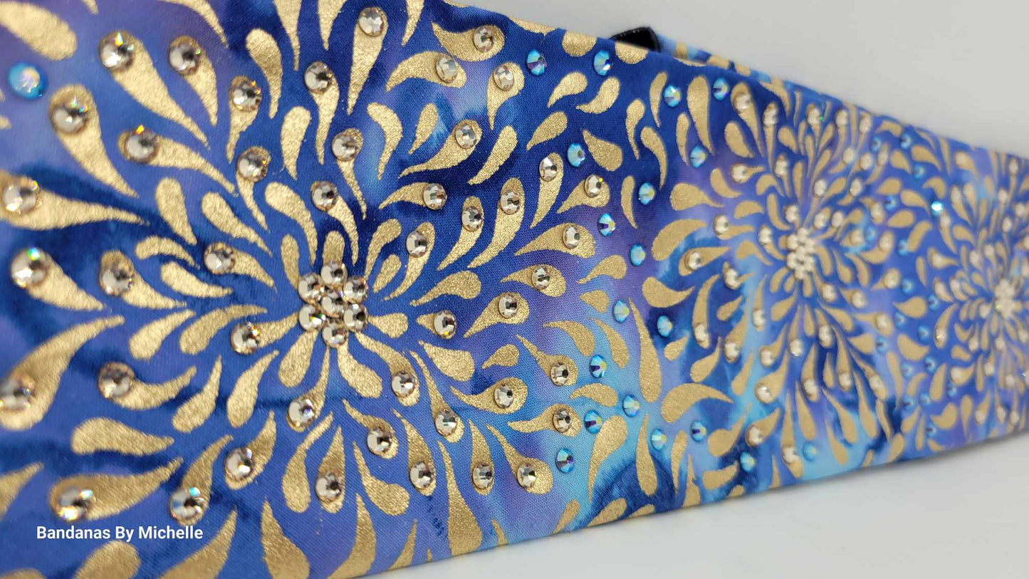 EXTRA BLING - Gold Flowers on Blue Bandana with Honey and Blue Shimmer Austrian Crystals (Sku6356)