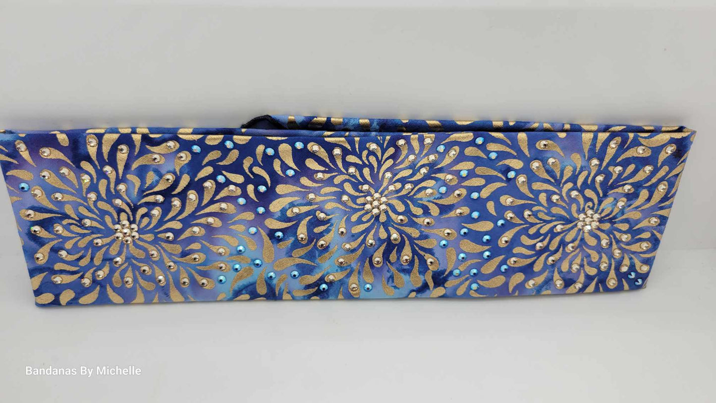 EXTRA BLING - Gold Flowers on Blue Bandana with Honey and Blue Shimmer Austrian Crystals (Sku6356)