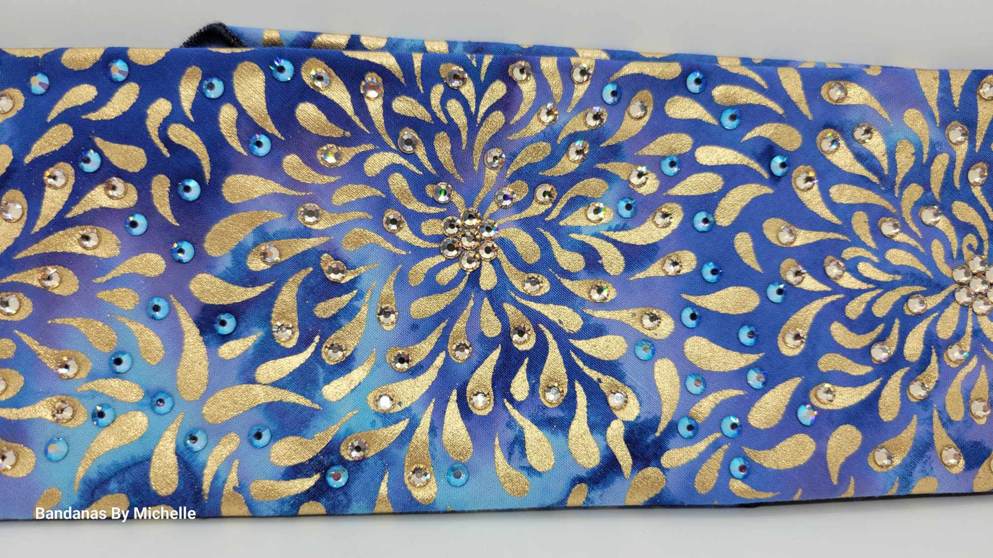 EXTRA BLING - Gold Flowers on Blue Bandana with Honey and Blue Shimmer Austrian Crystals (Sku6356)