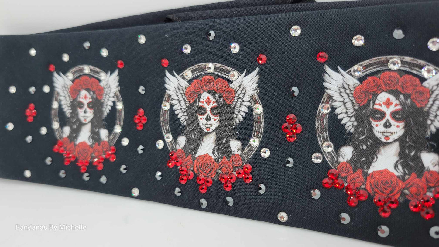 EXTRA BLING - Angel and Roses Bandana with Black, Red and Red Shimmer Austrian Crystals (Sku6357)