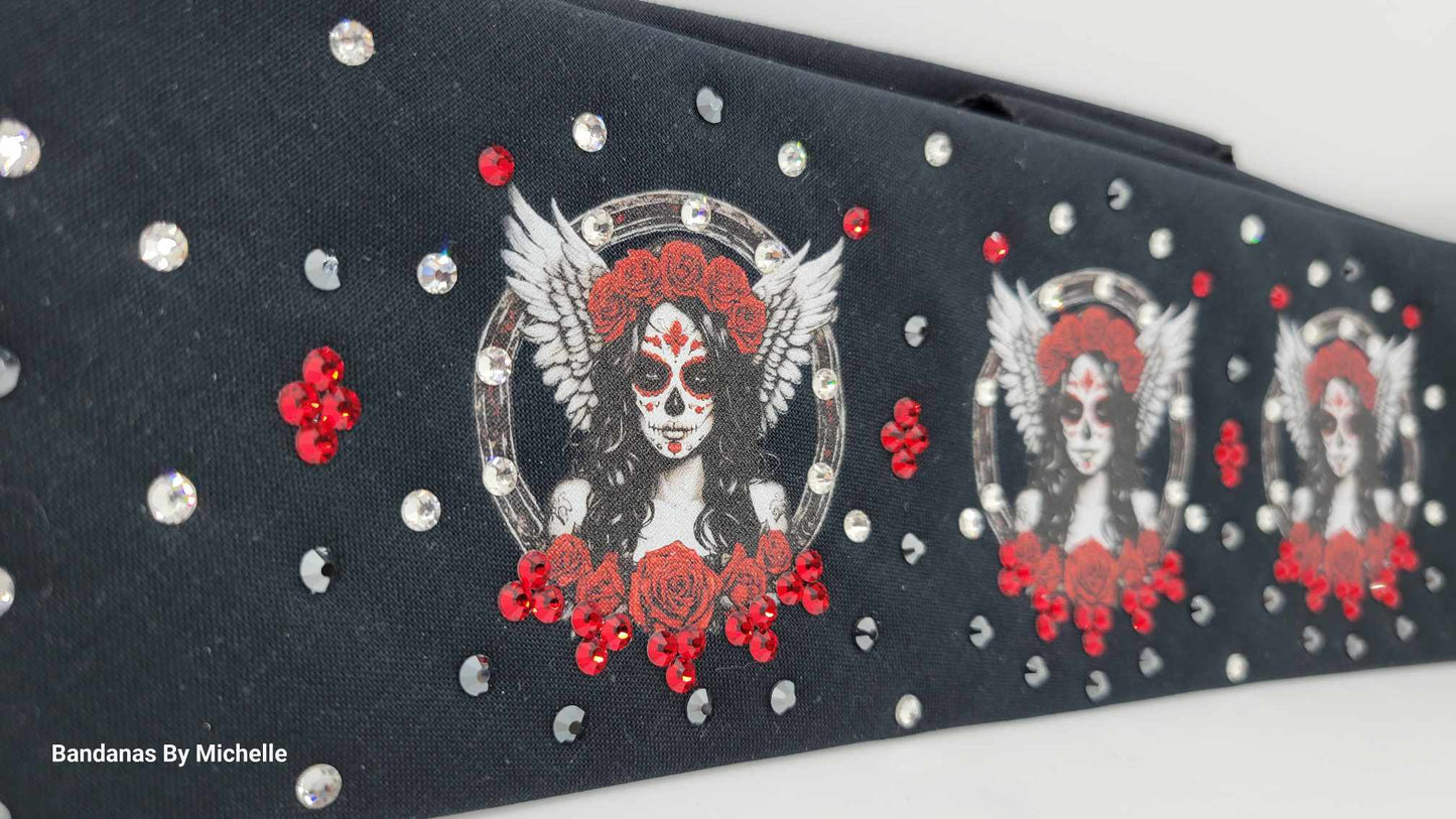 EXTRA BLING - Angel and Roses Bandana with Black, Red and Red Shimmer Austrian Crystals (Sku6357)