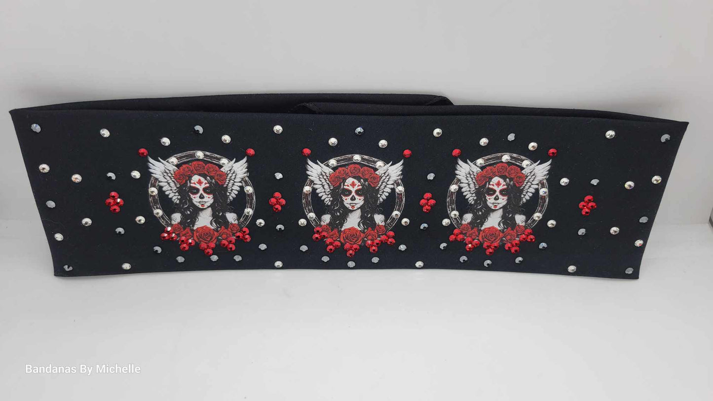 EXTRA BLING - Angel and Roses Bandana with Black, Red and Red Shimmer Austrian Crystals (Sku6357)