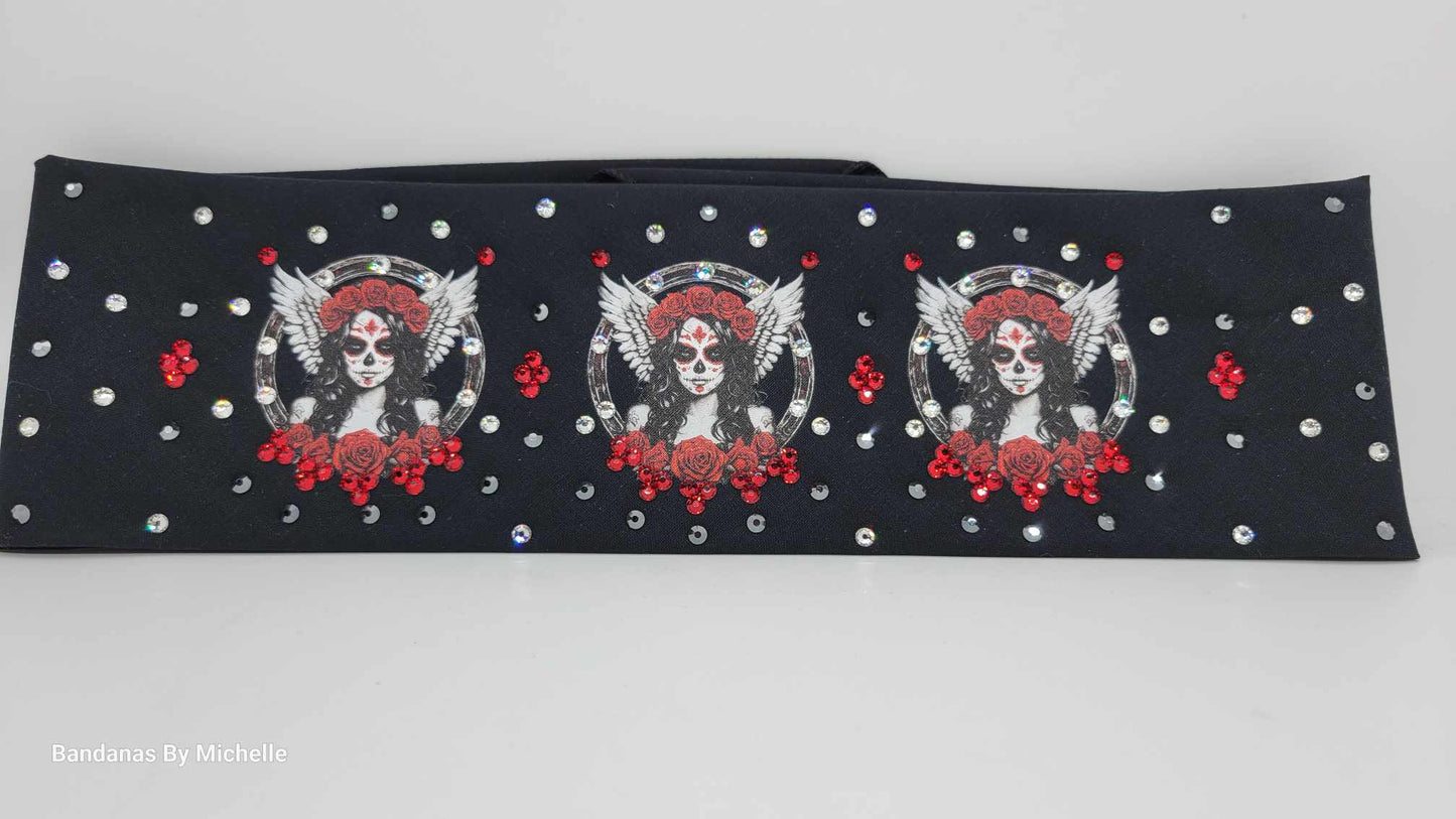 EXTRA BLING - Angel and Roses Bandana with Black, Red and Red Shimmer Austrian Crystals (Sku6357)