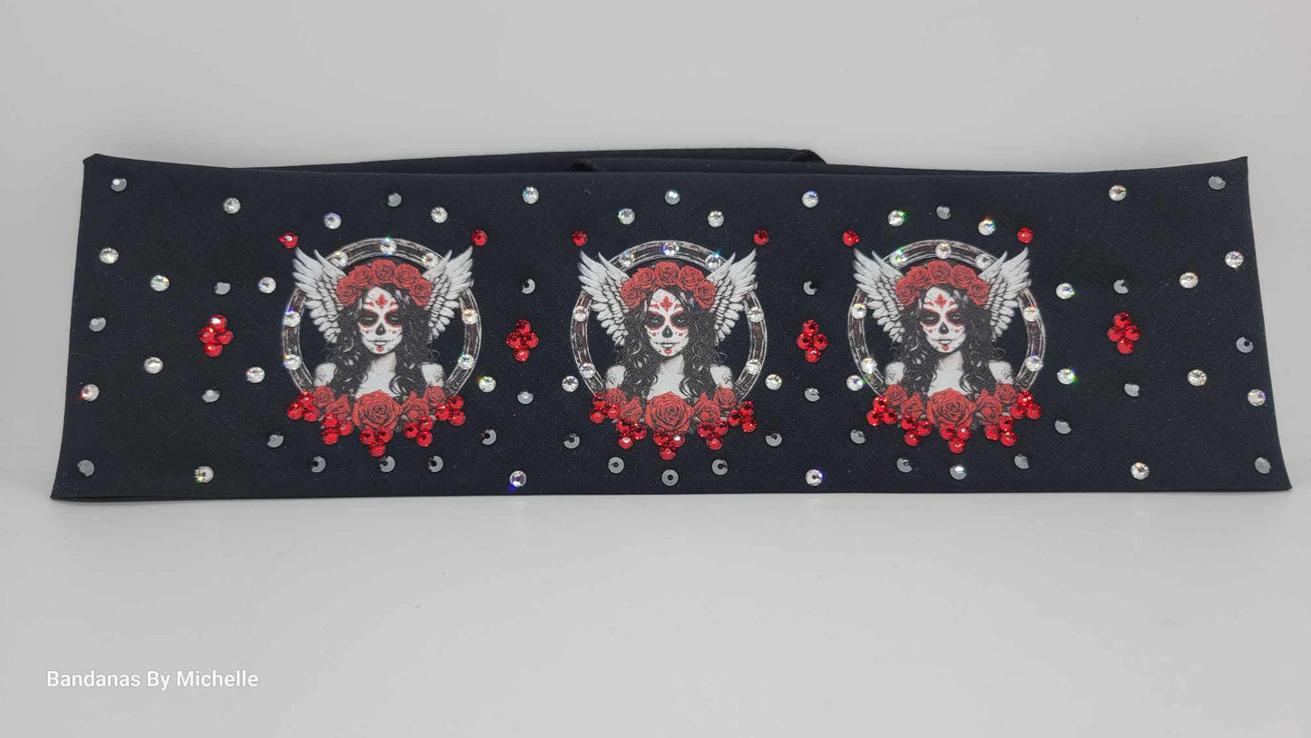 EXTRA BLING - Angel and Roses Bandana with Black, Red and Red Shimmer Austrian Crystals (Sku6357)