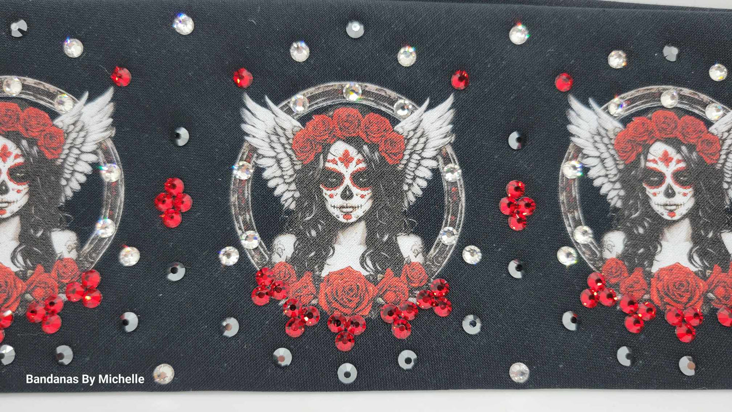 EXTRA BLING - Angel and Roses Bandana with Black, Red and Red Shimmer Austrian Crystals (Sku6357)
