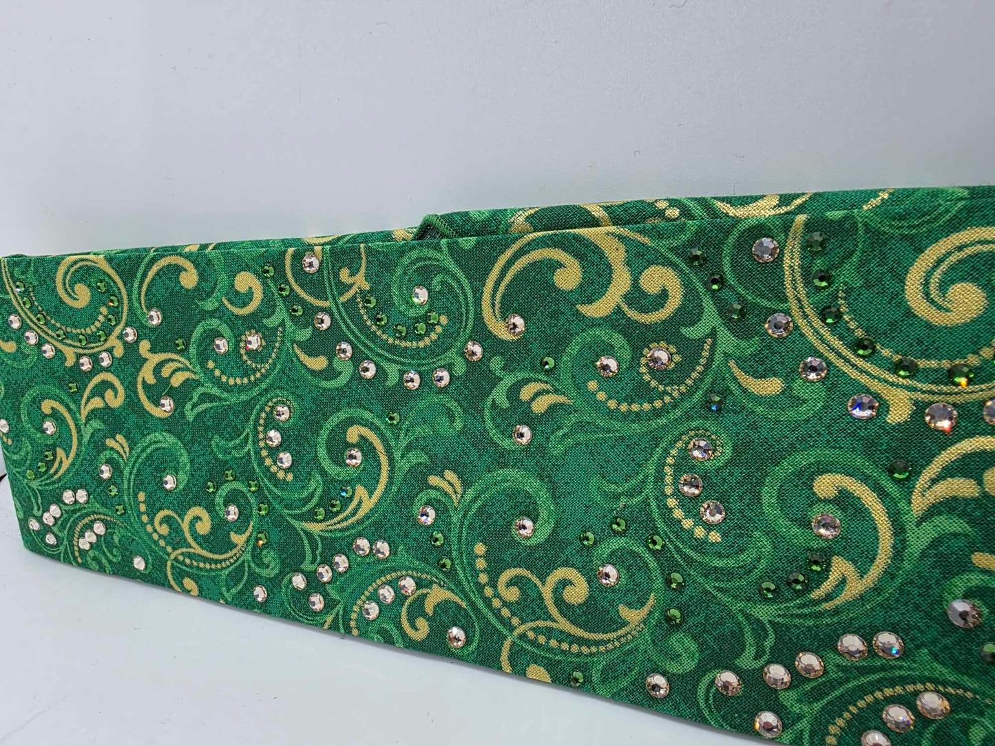 EXTRA BLING -Green and Gold Scrolls Bandana with Dark Green and Honey Austrian Crystals (sku6365)