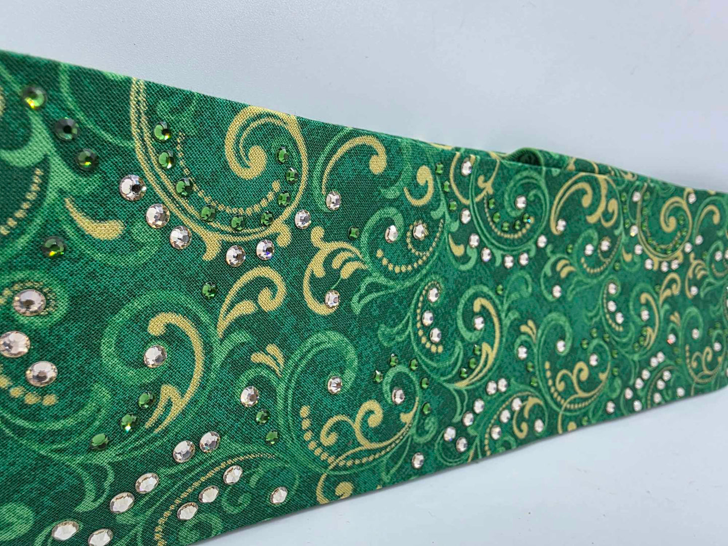 EXTRA BLING -Green and Gold Scrolls Bandana with Dark Green and Honey Austrian Crystals (sku6365)