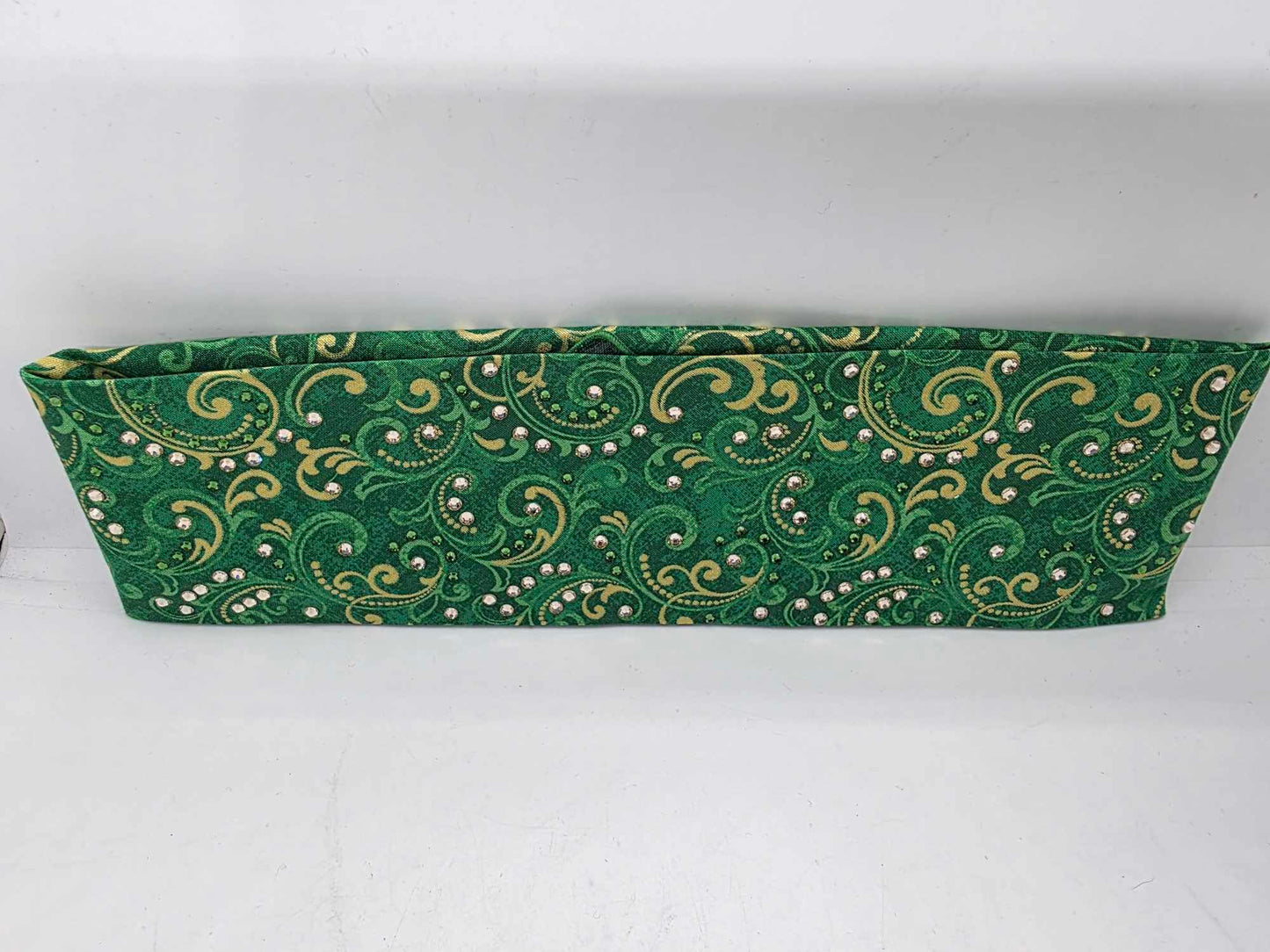 EXTRA BLING -Green and Gold Scrolls Bandana with Dark Green and Honey Austrian Crystals (sku6365)