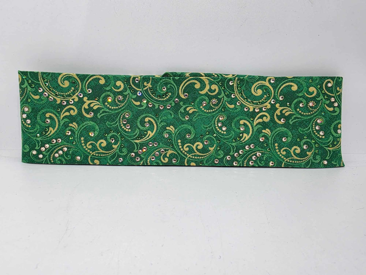 EXTRA BLING -Green and Gold Scrolls Bandana with Dark Green and Honey Austrian Crystals (sku6365)